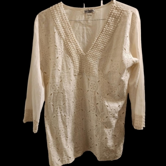 646 Main white eyelet embroidered short sleeve top tunic large 100% cotton - Picture 3 of 11